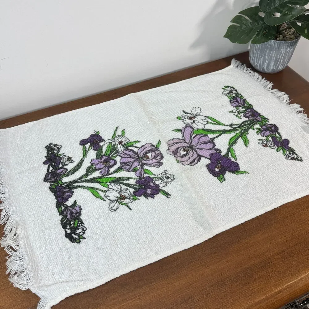 Vintage Cannon Iris Floral Terry Cloth Hand & Bath Towel Set Made in USA Cotton